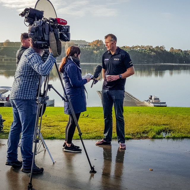 Interviewing Mahé Drysdale. Rowing New Zealand presser, Lake Karapiro Domain, Waikato, New Zealand. 6/6/2018
