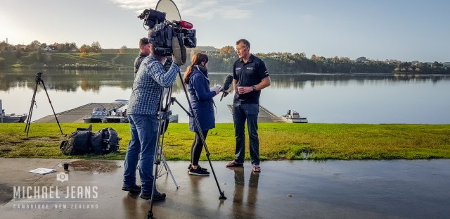 Interviewing Mahé Drysdale. Rowing New Zealand presser, Lake Karapiro Domain, Waikato, New Zealand. 6/6/2018