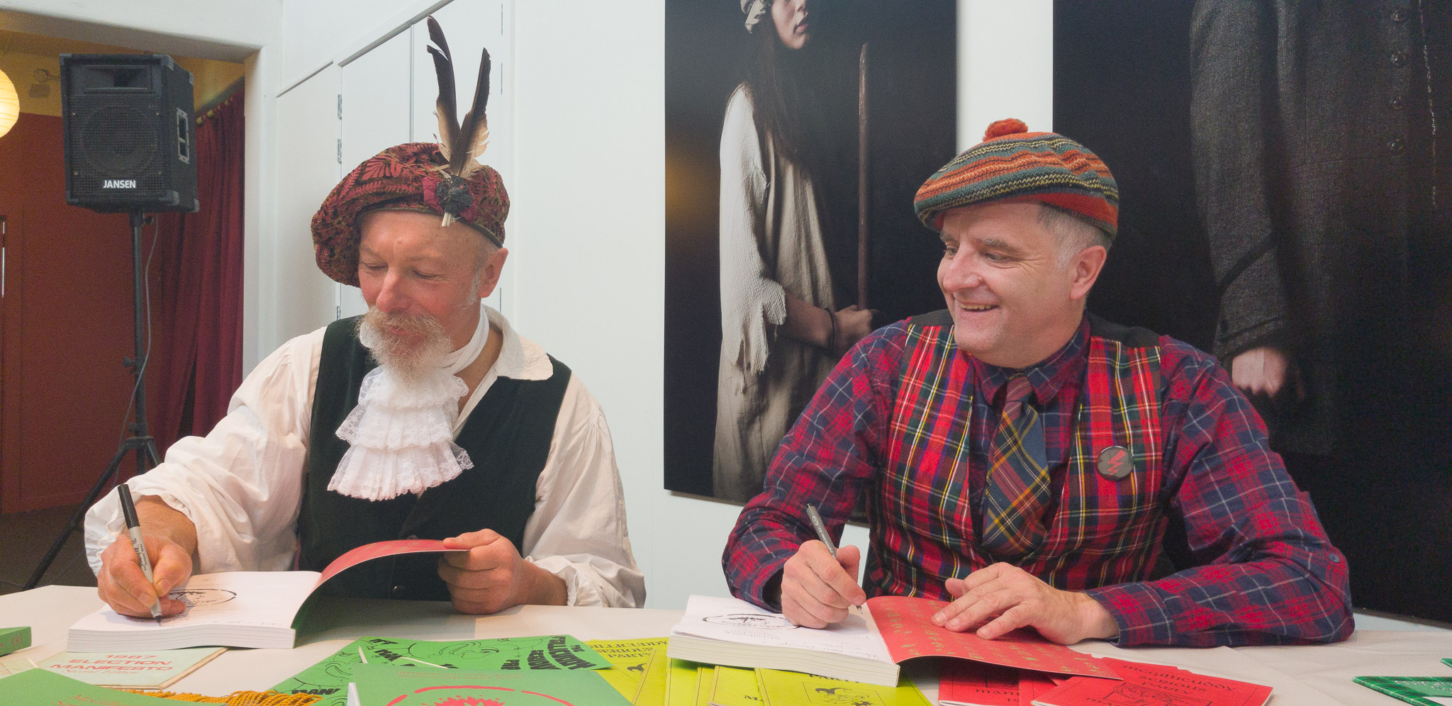 Graeme Cairns & Mark Servian book signing at the McGillicuddy Serious Party Manifesto Folio book launch, The Meteor Theatre, Hamilton, Waikato, New Zealand. Saturday 7 July 2018