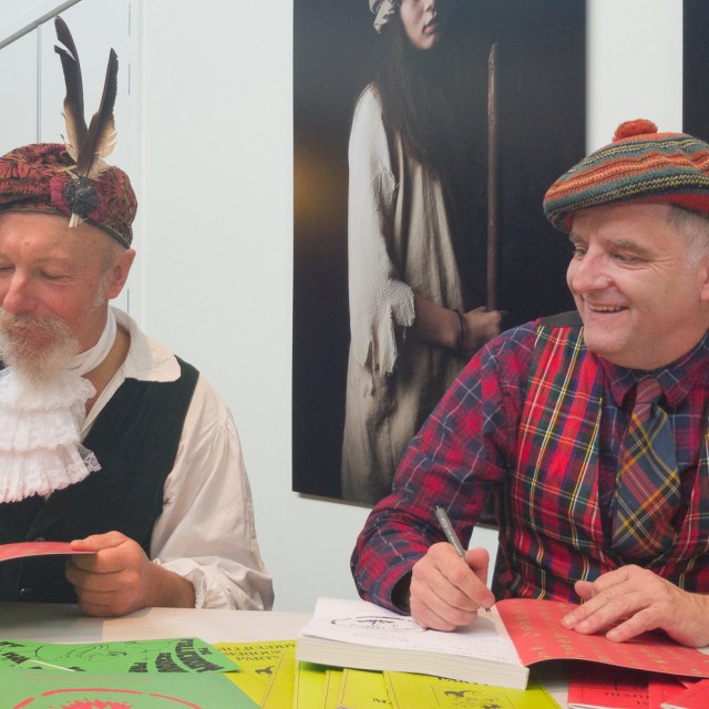 Graeme Cairns & Mark Servian book signing at the McGillicuddy Serious Party Manifesto Folio book launch, The Meteor Theatre, Hamilton, Waikato, New Zealand. Saturday 7 July 2018