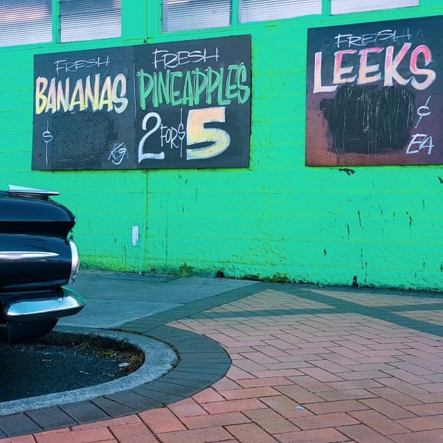 Kiwifruit. Oranges, bananas, pineapples, leeks, apples. Raleigh & Shakespeare. Leamington, Waikato, New Zealand. Saturday 11 August 2018. day 77